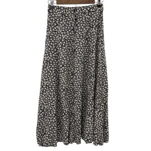Vintage California Influence Floral Maxi Skirt Button Front Black White Size 7 8